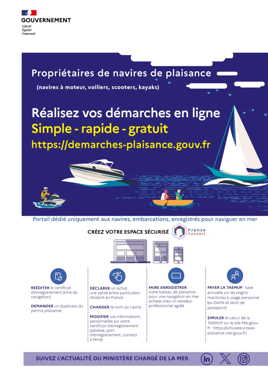 Flyer 2026 - Démarches plaisance - Propriétaires de navires de plaisance (navires à moteur, voiliers, scooters, kayaks)